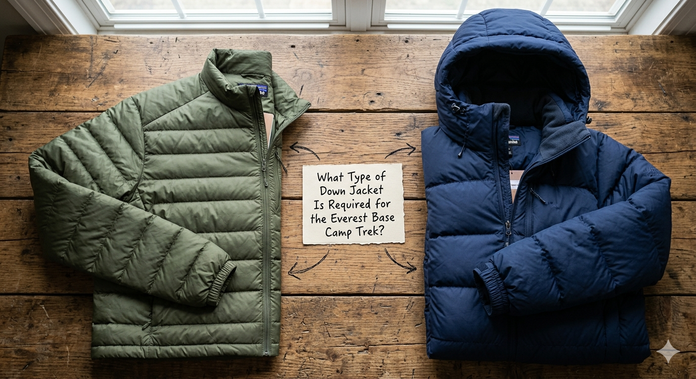 A flat-lay comparison of a lightweight 600 fill power olive green down jacket and a thicker 800 fill power navy blue hooded down jacket on a wooden surface, with visible features including adjustable hood, draft collar, elastic cuffs, and inner chest pocket, representing the jacket types required for the Everest Base Camp trek.