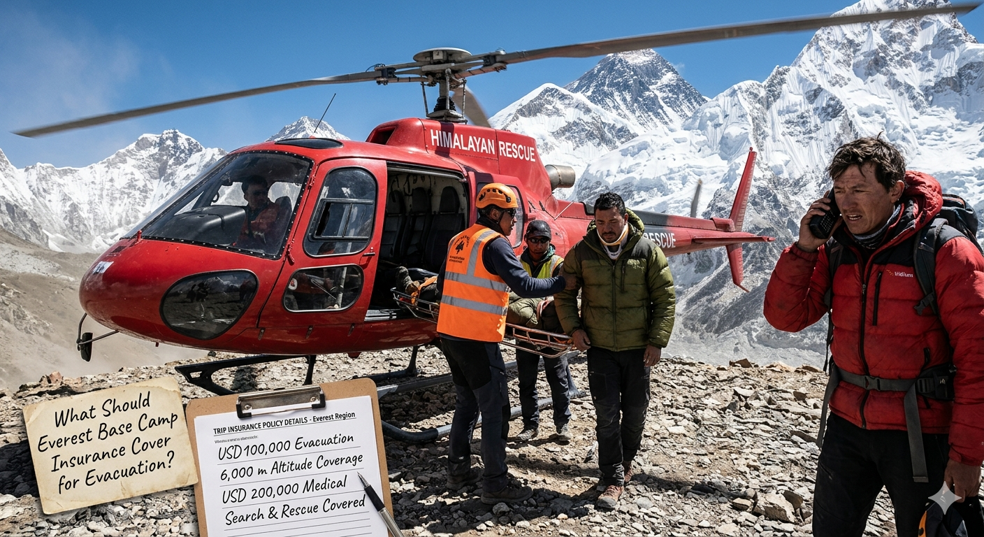A rescue worker helping an injured trekker board a red helicopter on a rocky Himalayan landing zone at high altitude, with a clipboard showing key insurance coverage figures including USD 100,000 helicopter evacuation, 6,000 m altitude ceiling, and USD 200,000 medical expenses, illustrating what Everest Base Camp travel insurance must cover for emergency evacuation.