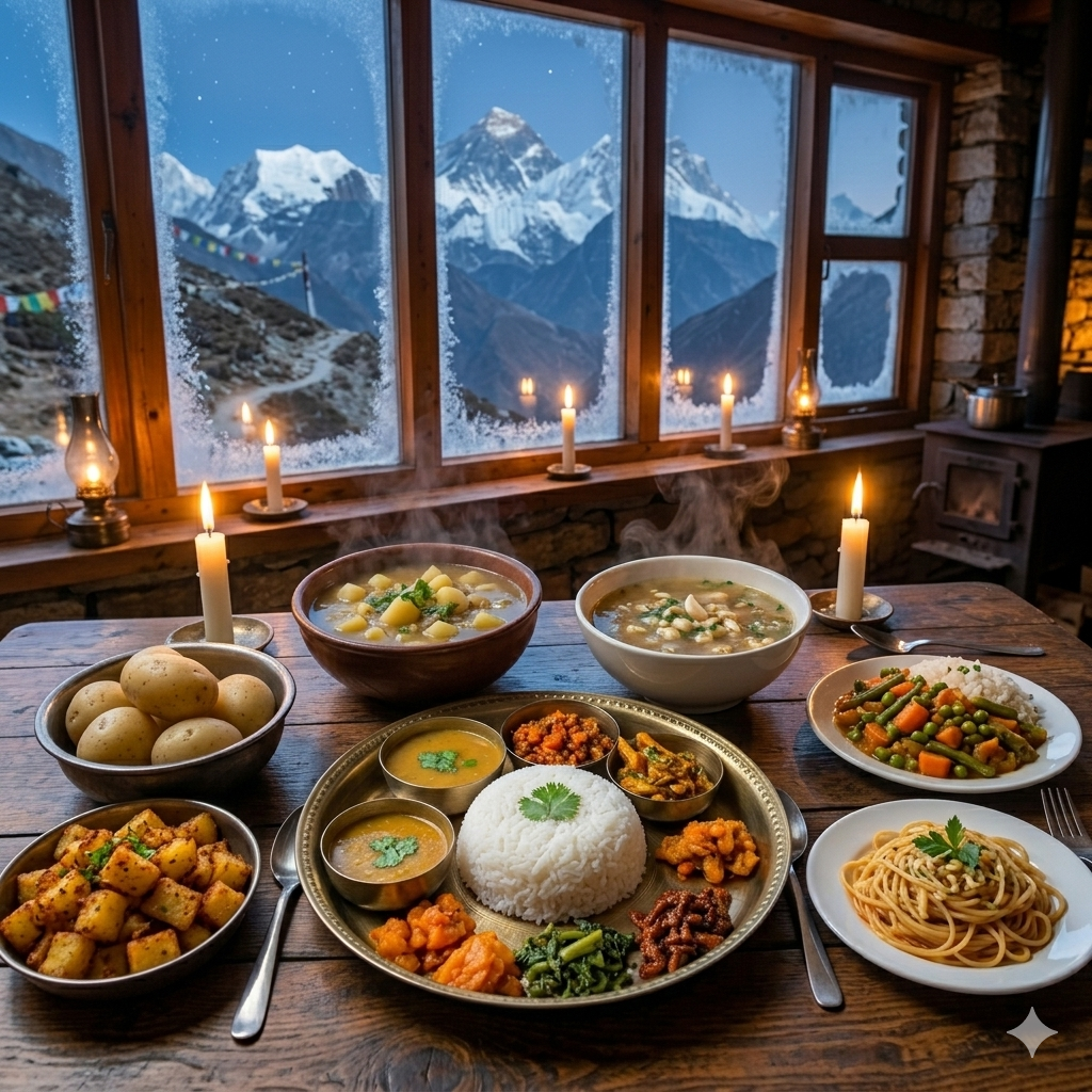 Dal bhat vegetable curry pasta with garlic sauce potato dishes and garlic soup served as dinner at a teahouse on the Everest Base Camp trek
