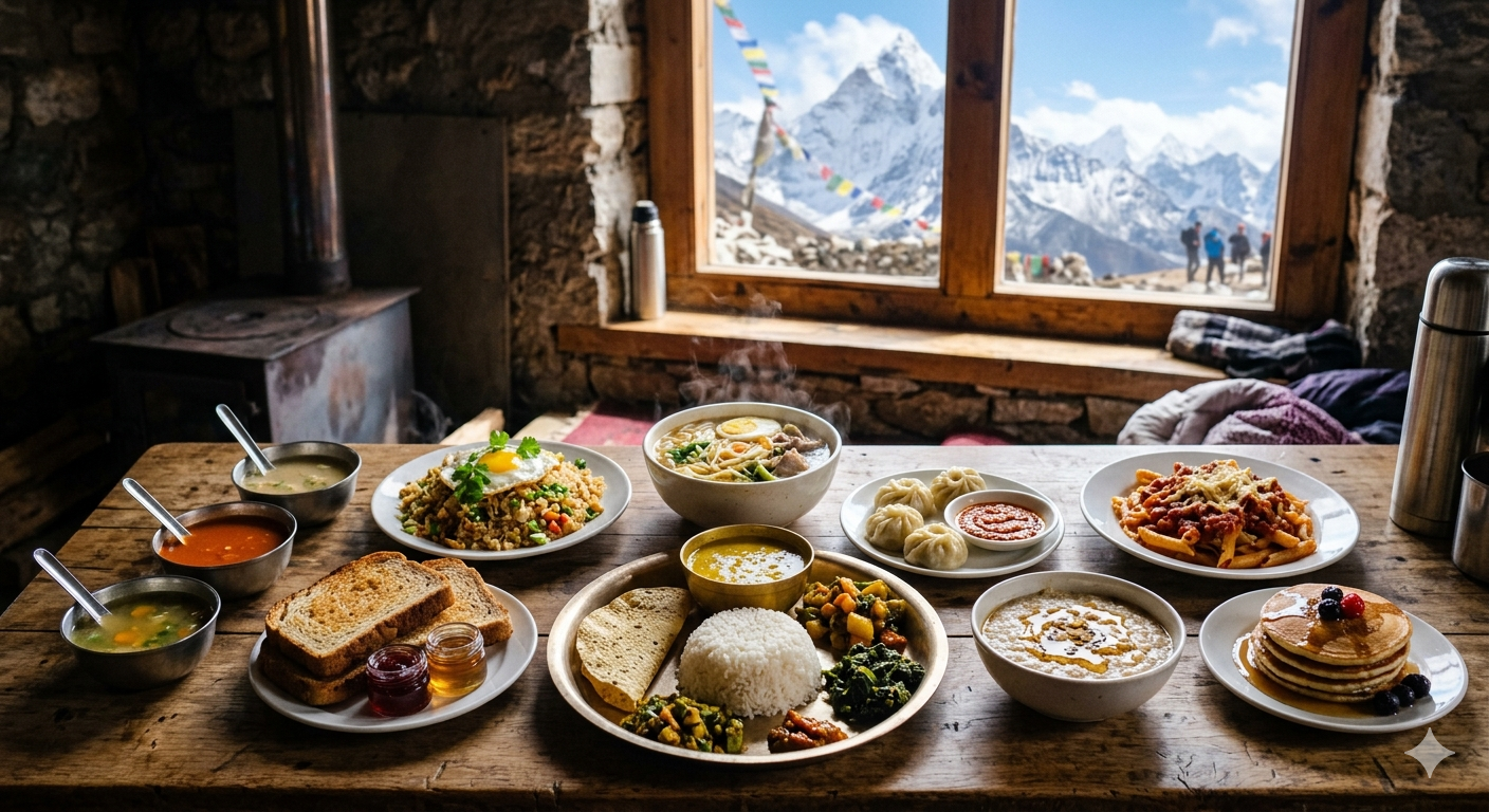Dal bhat thukpa fried rice momos Tibetan bread pancakes porridge pasta Sherpa stew and soups served on a teahouse table on the Everest Base Camp trek route