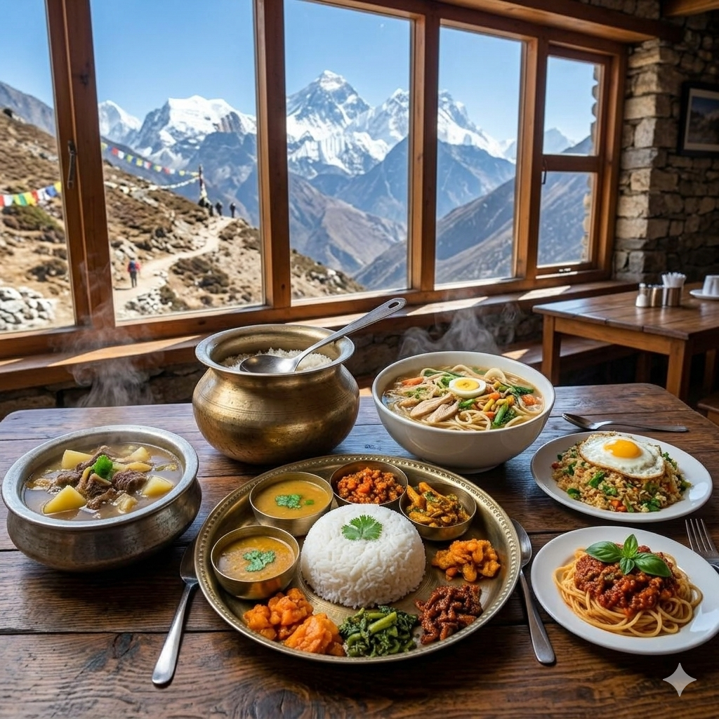 Dal bhat fried rice thukpa noodle soup pasta and Sherpa stew served as lunch meals at a teahouse on the Everest Base Camp trek trail