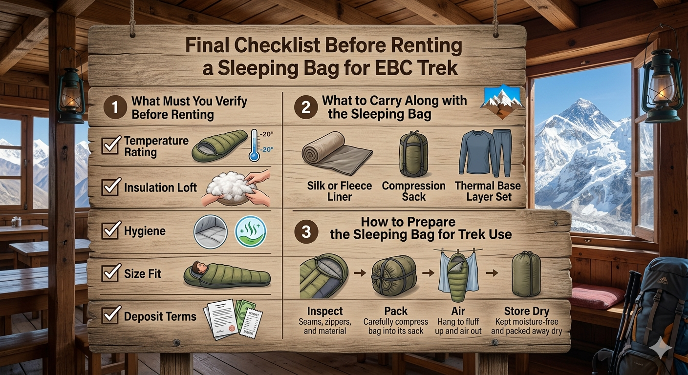 Final checklist before renting sleeping bag for EBC trek showing verification points carry items and preparation steps