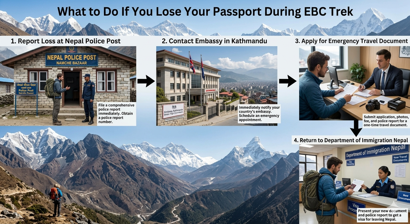 Four steps to follow when losing passport during EBC trek showing reporting to Nepal police contacting embassy applying for emergency document and visiting immigration