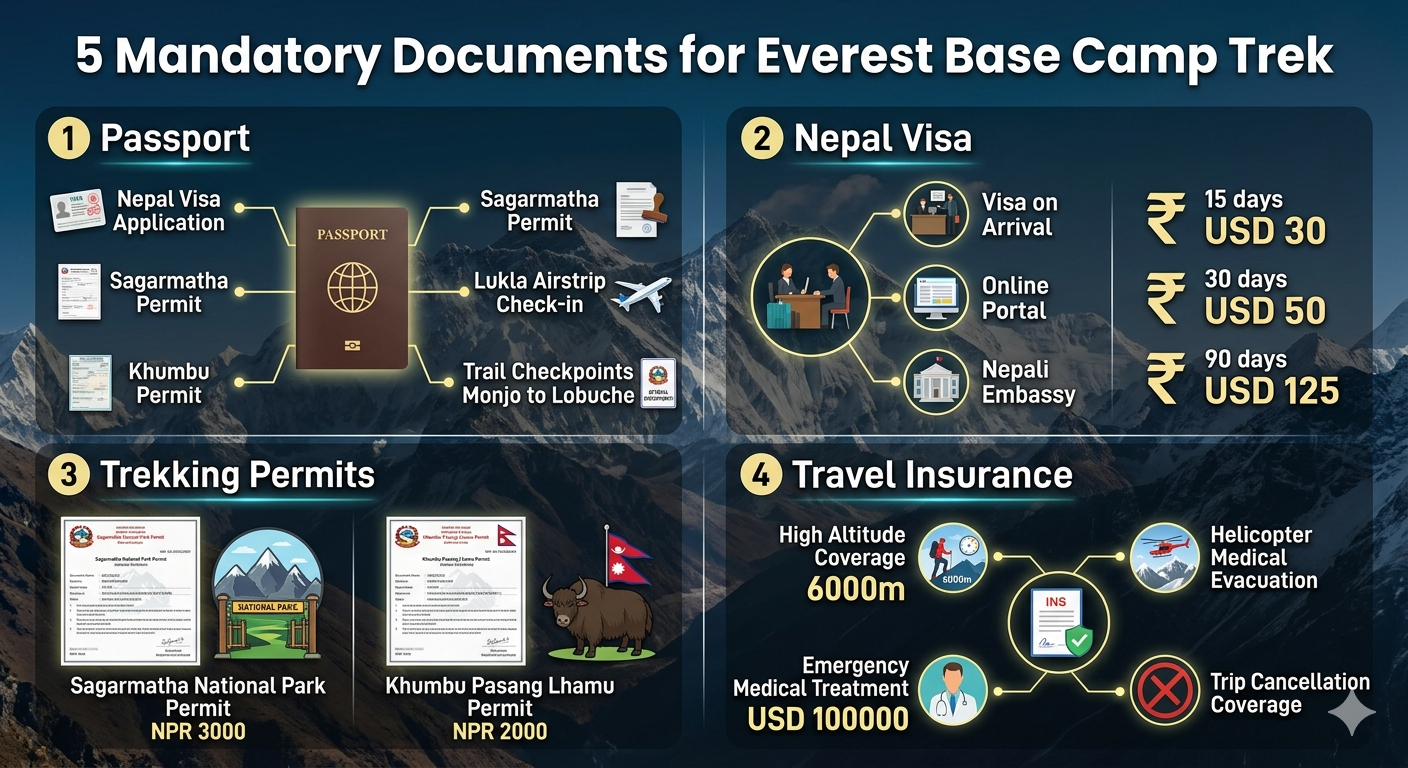 Five mandatory documents for EBC trek showing passport requirements Nepal visa channels trekking permits and travel insurance requirements