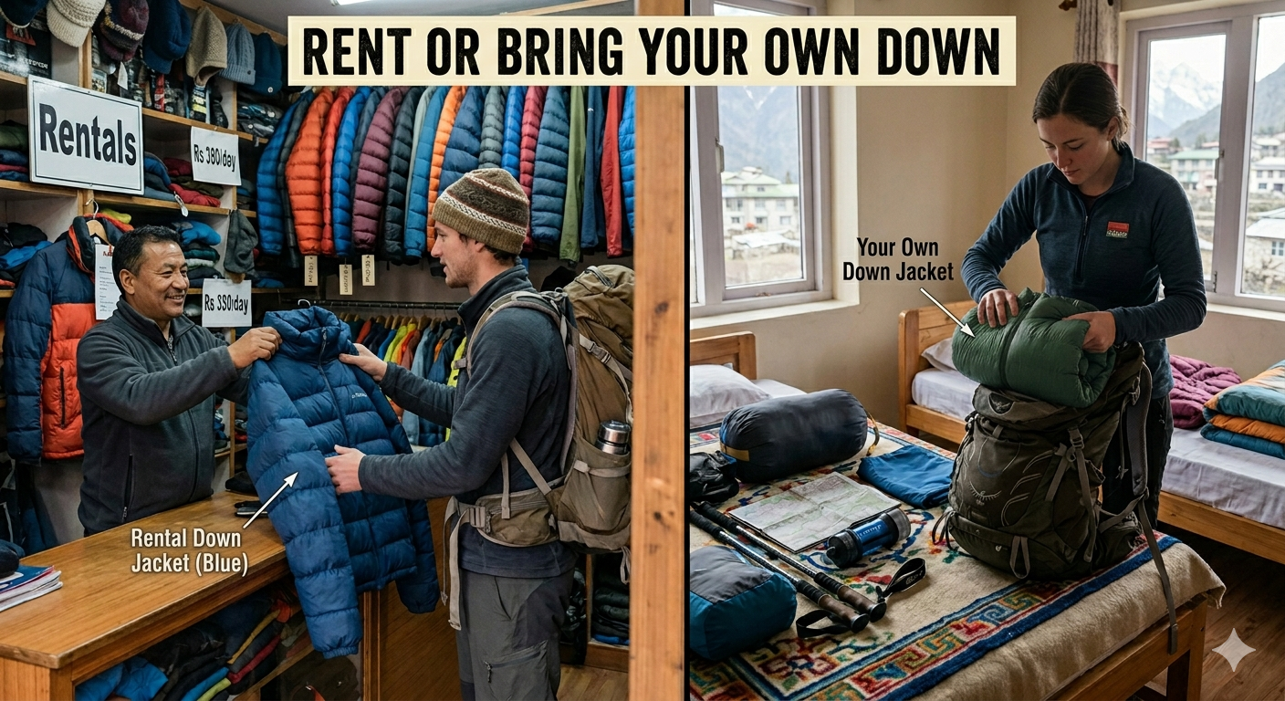 A side-by-side comparison showing a trekker renting a down jacket from a Thamel shop in Kathmandu on the left, and a trekker packing their own personal down jacket into a backpack on the right, illustrating the rent vs bring decision for the Everest Base Camp trek.