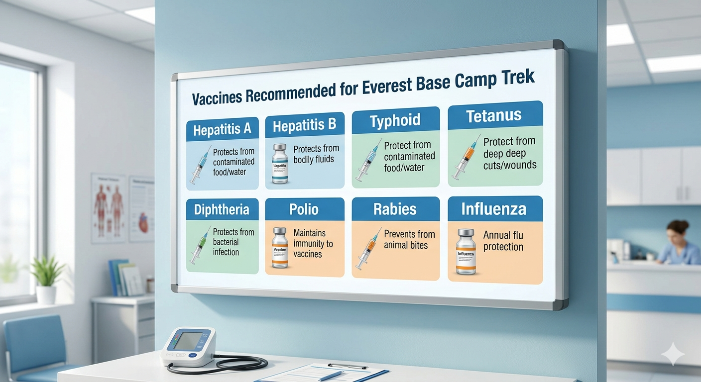 Eight recommended vaccines for Everest Base Camp trek showing Hepatitis A Hepatitis B Typhoid Tetanus Diphtheria Polio Rabies and Influenza