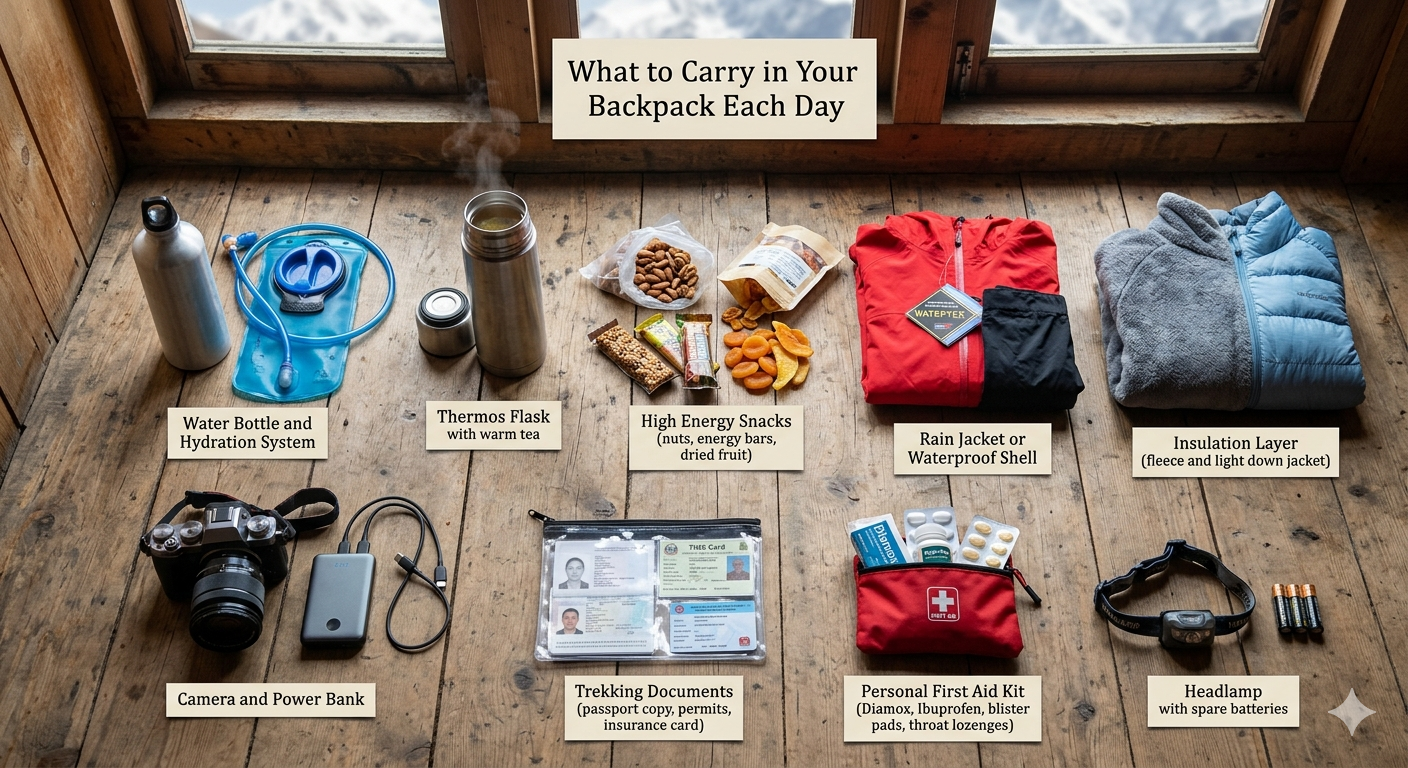 Nine essential daypack items for Everest Base Camp trek showing water bottle thermos snacks rain jacket insulation layer camera documents first aid kit and headlamp