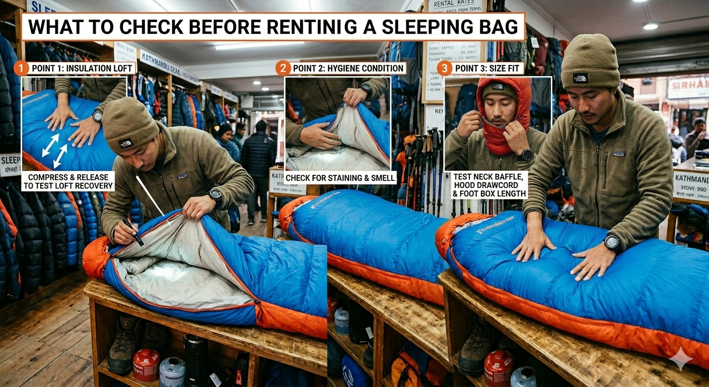 What to check before renting a sleeping bag showing insulation loft hygiene condition and size fit inspection in a Thamel gear rental shop